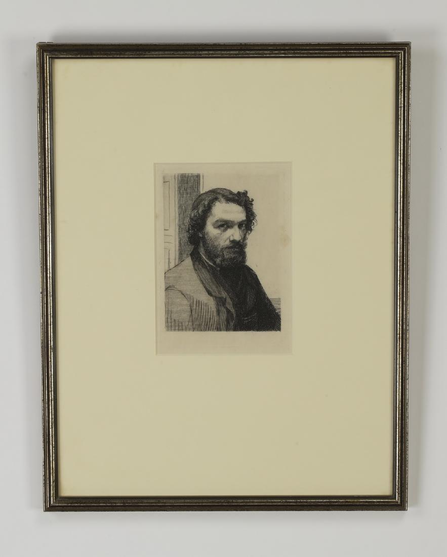 19th c. Felix Bracquemond etching of A. Legros: Felix Bracquemond (French 1833-1914) circa 1875, second estate etching on paper, the portrait depicts the French artist Alphonse Legros seated, wearing a waistcoat and jacket, 7" x 5"; overall size wi