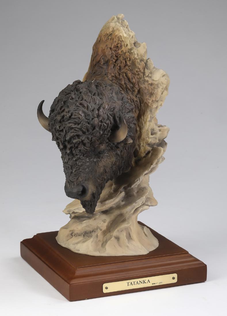 Mill Creek Studios limited edition, 'Tatanka': Mill Creek Studios limited edition cast sculpture 'Tatanka' by Joe Slockbower, executed in composition material with hand painted detail, depicting a Buffalo head on the front and a calf nestled in th