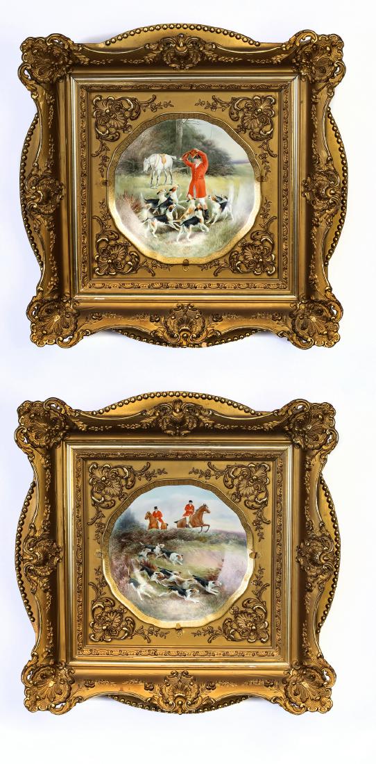 Early 20th c. hunt scene cabinet plates by Cauldon: Two hand painted hunt scene cabinet plates by Cauldon (Brown-Westhead Moore & Co) Ltd, early 20th century, (1) depicts the chase, and (1) depicts the master showing the fox to the hounds, both signed