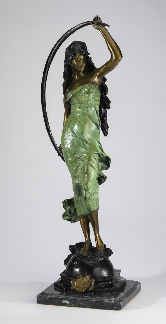 Bronze sculpture after Moreau, titled 'Aurore': Contemporary bronze figural sculpture in the manner of Auguste Moreau (French, 1834-1917), titled 'Aurore', depicting a young woman holding aloft an arc of dawn sunlight, raised on a square marble bas