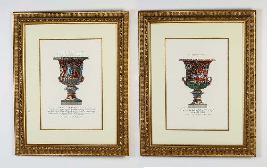 (2) Framed Neoclassical style prints, after Piranesi: Pair of contemporary Neoclassical style prints after Giovanni Battista Piranesi (Italian, 1720-1778), each depicting an antique marble vase, the first with a parade of figures and the second with flow