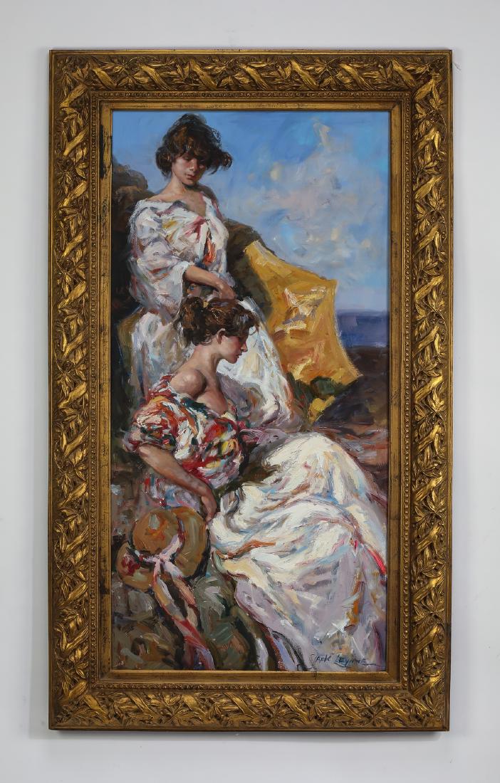 Contemporary O/c of ladies at the shore, signed, 58"h: Contemporary oil on canvas, depicting two young ladies at the shore in Victorian style white bathing gowns with colorful trim, signed lower right 'Jack Levine', in a carved and gilt frame, 47.5"h x 23