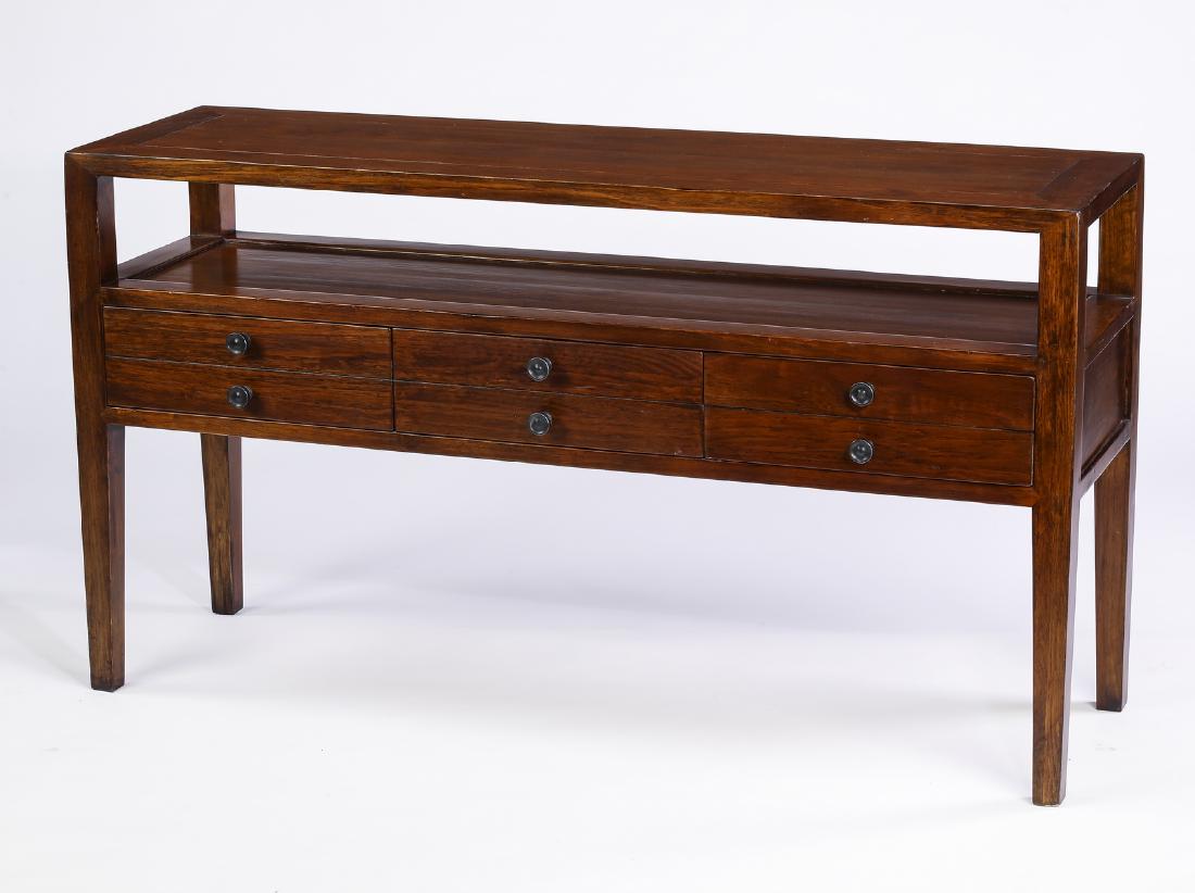 Asian style hardwood console, 54"l: Asian style hardwood console, having a rectangular top rising on tapering square legs joined by a wide shelf with three drawers, 30"h x 54"l x 16"w.