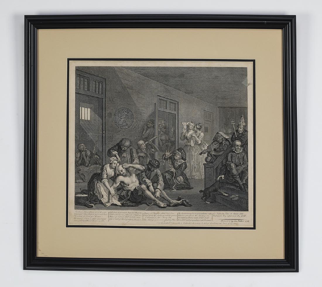 18th c. William Hogarth framed engraving: Late 18th or early 19th century framed William Hogarth (British, 1697-1764) engraving, captioned 'Madness, Thou Chaos of the Brain,' depicting a home with doctors and patients, double matted and frame