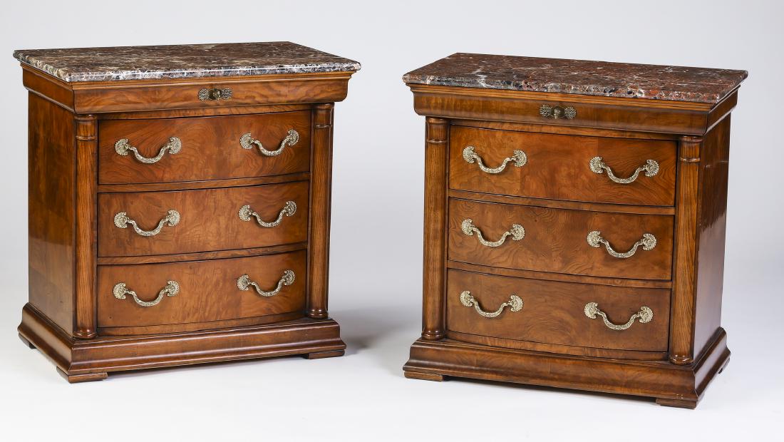 (2) Henredon granite top mahogany nightstands: Pair of Henredon granite top mahogany nightstands, having a rectangular granite surface in hues of white, black, and rouge, surmounting the mahogany stands with a pull-out writing surface above three 