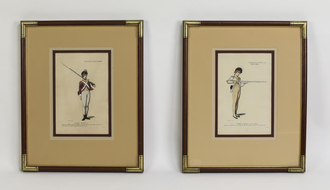 (2) 19th c. military etchings after Thomas Rowlandson: Pair of 19th century English military etchings after Thomas Rowlandson (British, 1756-1827) from 'Loyal Volunteers Of London & Environs, Infantry & Cavalry, in their respective Uniforms. Representing 