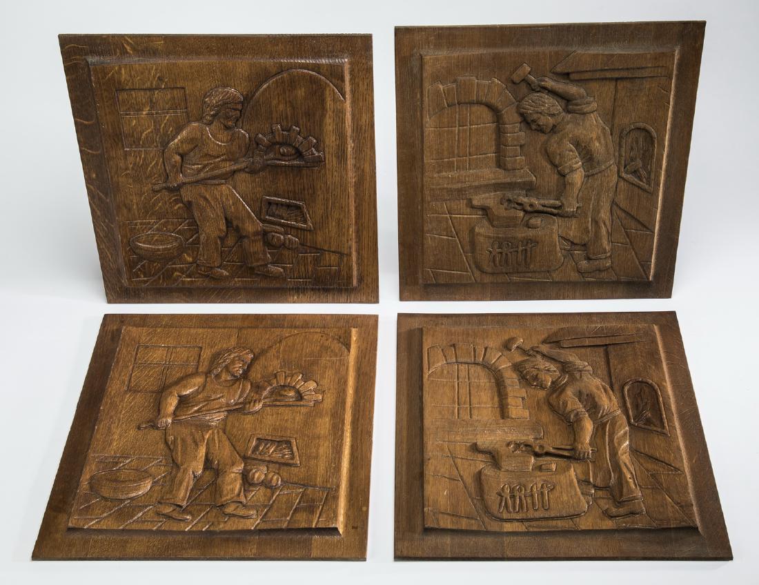 (4) Medieval style relief carved oak panels w/figures: Four late 19th or early 20th century Continental relief carved architectural panels in the Medieval taste, executed in oak, each depicting a blacksmith in daily pursuits, 18"h x 17"w x 1"d.