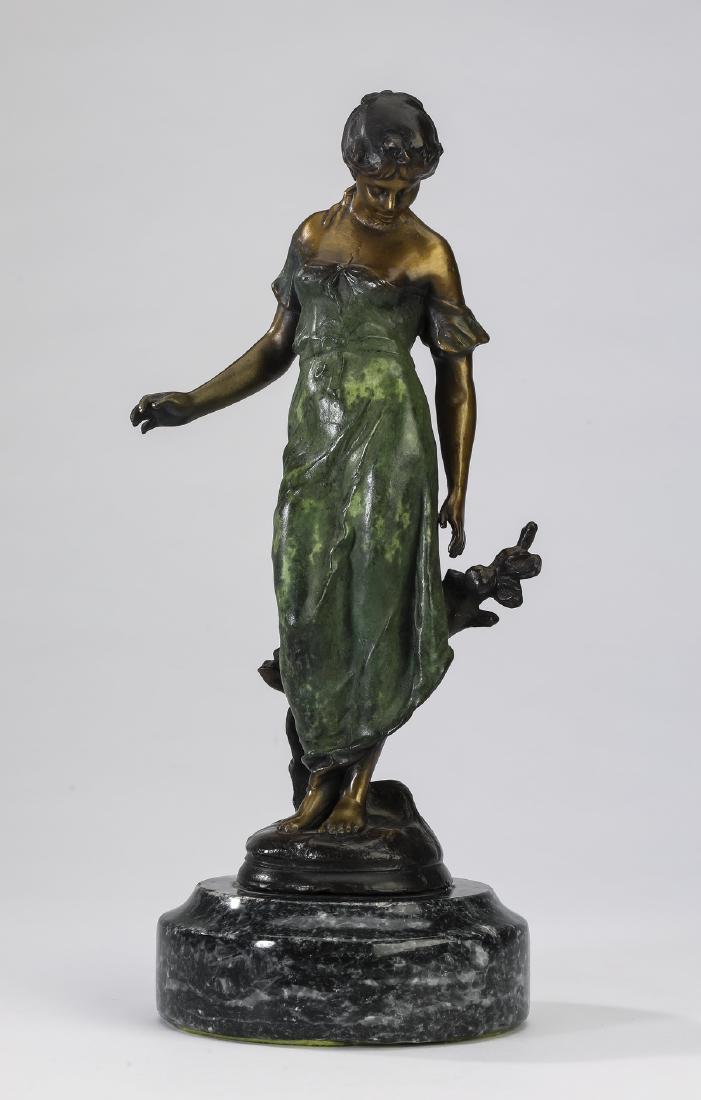 Bronze sculpture in the manner of Auguste Moreau: Contemprary bronze figural sculpture in the manner of Auguste Moreau (French, 1834-1917) depicting a classically draped maiden on a naturalistic ground, raised on a circular marble base, 11.25"h x 4.5