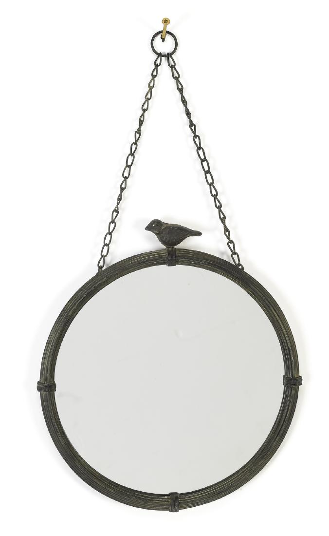 Antiqued circular wall mirror w/ bird in profile: Antiqued wall mirror, having a long chain suspending the circular frame and glass, with a bird perched in profile, 21"h x 11"w x 1"d.