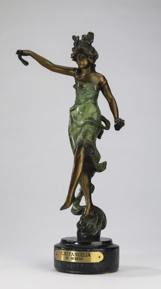 Bronze sculpture after Moreau, titled 'Castanuelia': Contemporary bronze figural sculpture in the manner of Auguste Moreau (French, 1834-1917), titled 'Castanuelia', depicting a Latin dancer playing her traditional percussion instrument, raised on a cir