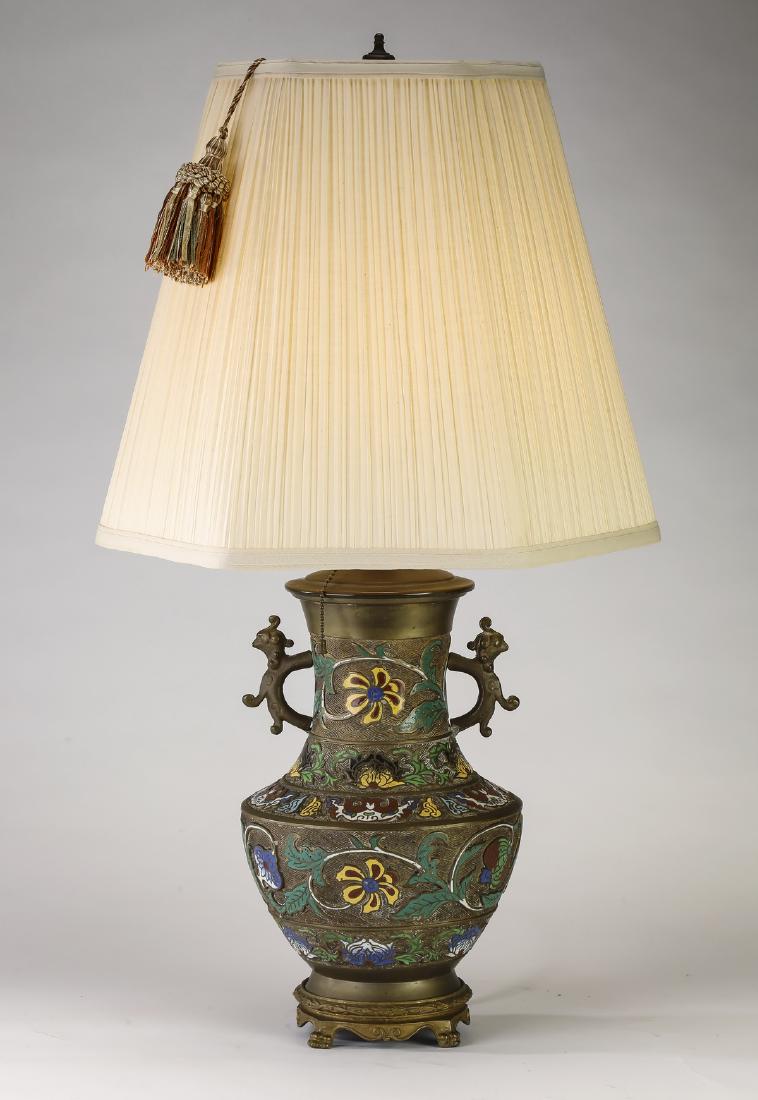 Japanese bronze & champleve enamel urn lamp, ca 1920 (1 of 3)
