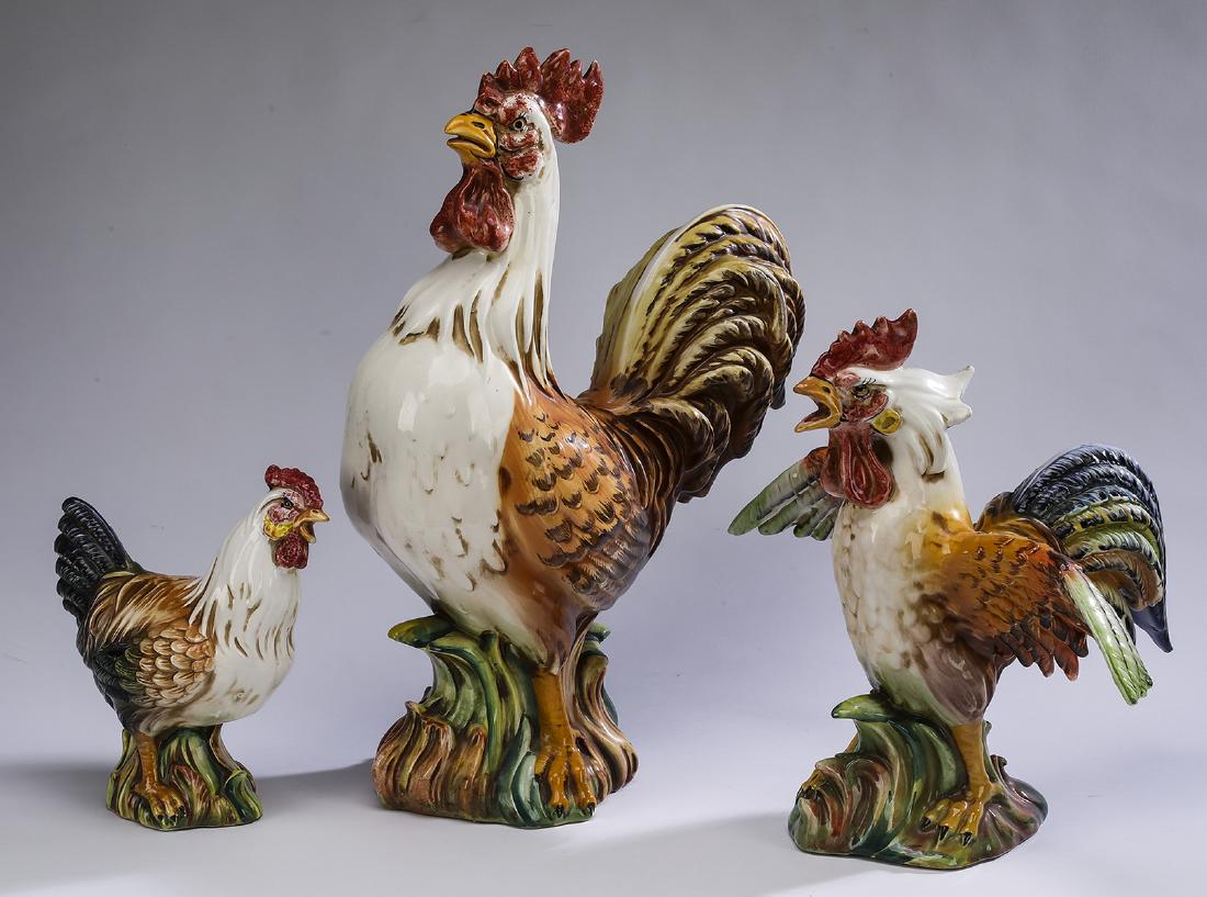 Group of (3) Italian majolica roosters, 10"h to 21"h (1 of 2)