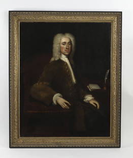 18h c. O/c portrait of an English gentleman: 18th century oil on canvas three-quarter length portrait of a gentleman seated at his desk, in the style of George Knapton (British, 1698-1778), sitter is dressed in a powdered full-bottom wig, a line