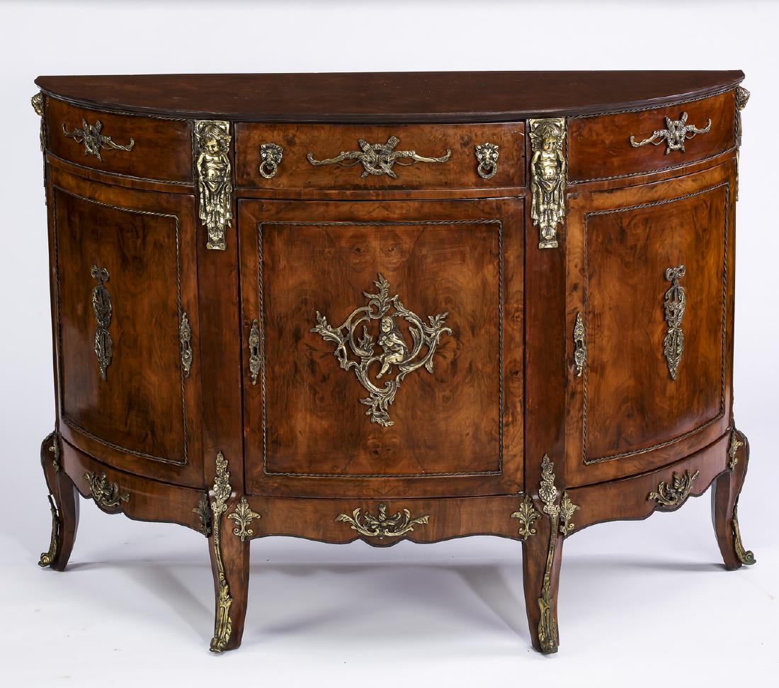 Louis XV style burl and faux marble demilune commode (1 of 4)