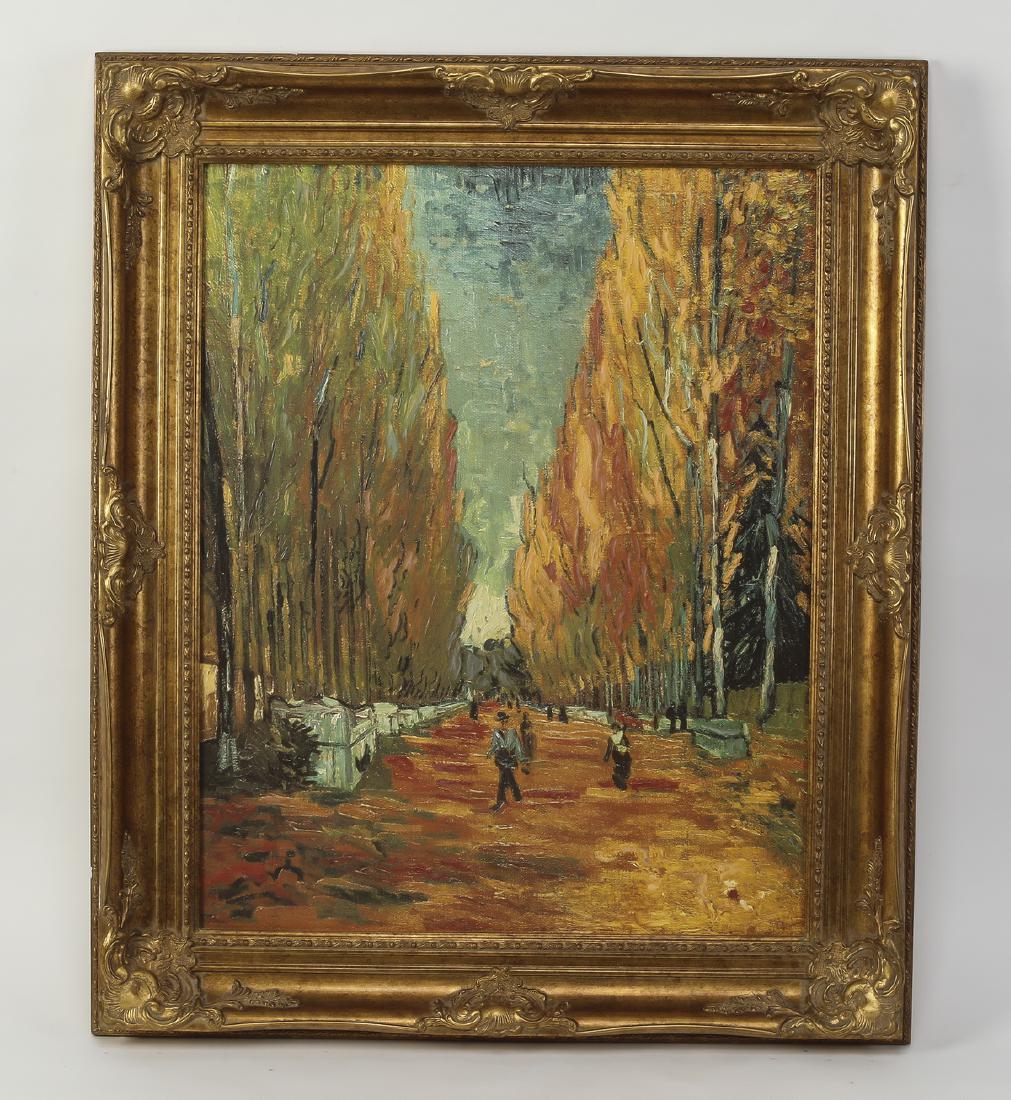 Framed limited edition giclee after Van Gogh: Limited edition giclee after Vincent Van Gogh's (French, 1853-1890), 'Allee Des Alycamps,' depicting figures strolling along a wide tree lined allee, executed in autumnal colors, numbered 374/485 in t