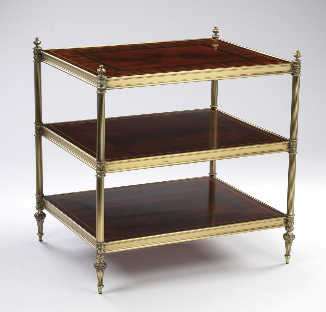 Henredon parquetry inlaid & gilt bronze side table: Henredon Empire style mahogany side table, the whole rising on four reeded gilt bronze legs conjoining three parquetry inlaid shelves with gilt bronze trim and terminating in toupie feet, 29.25"h x 28