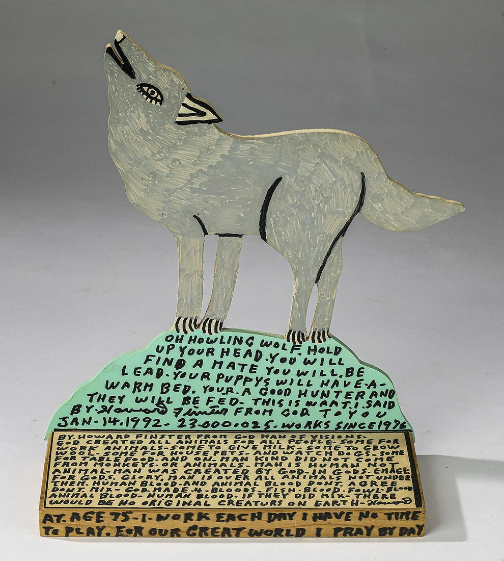 Howard Finster 'Oh Howling Wolf' ca.1992, 11"h: Howard Finster (American 1916-2001), 'Oh Howling Wolf,' executed in mixed media on wood, depicting a standing grey wolf, head tilted back in a howl, rising on a tapered standard resting on a rectangul
