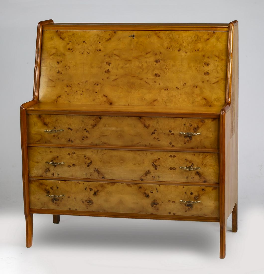 Italian Mid 20th C Birds Eye Maple Secretary Desk Aug 10 2019