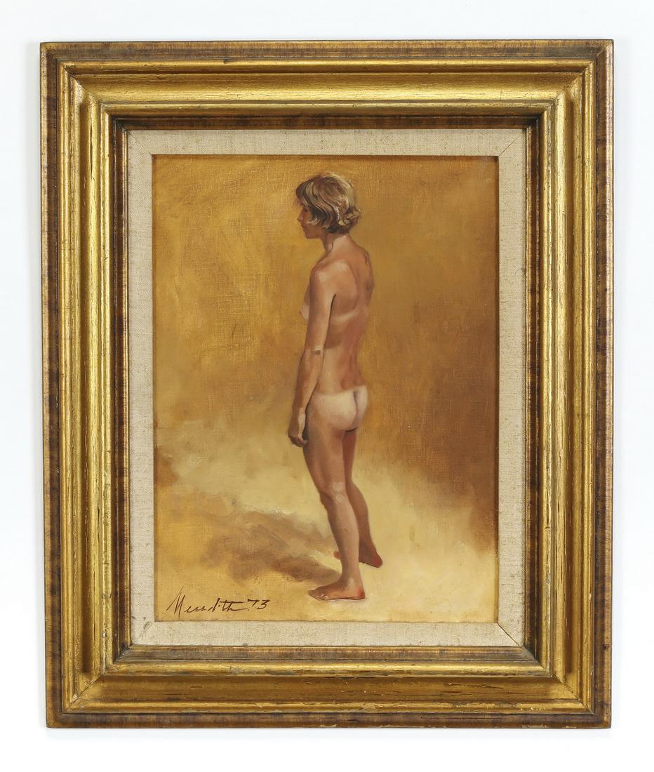 American O/c of standing nude w/ tan lines, signed: 20th century American oil on canvas depicting a standing nude with tan lines, the model viewed from behind, artist signed and dated in brown (Robert) 'Meredith '73' at lower left, 16"h x 12"w, overall