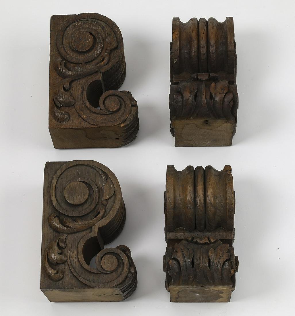 (4) Petite 19th c. carved architectural corbels: Group of (4) 19th century Continental carved architectural corbels, each of scrolled form with carved acanthus, 6.25"h x 3"w x 4.5"d.