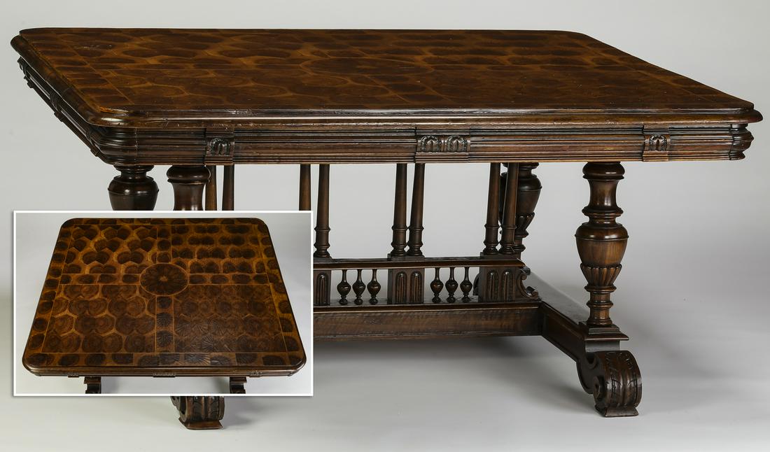 Tesselated burl oyster veneer occasional table: Tesselated burl oyster veneer occasional table, having a rectangular surface with a rosette medallion at the center of four panels comprised of tesselated hexagonal oyster veneers, the whole with roun