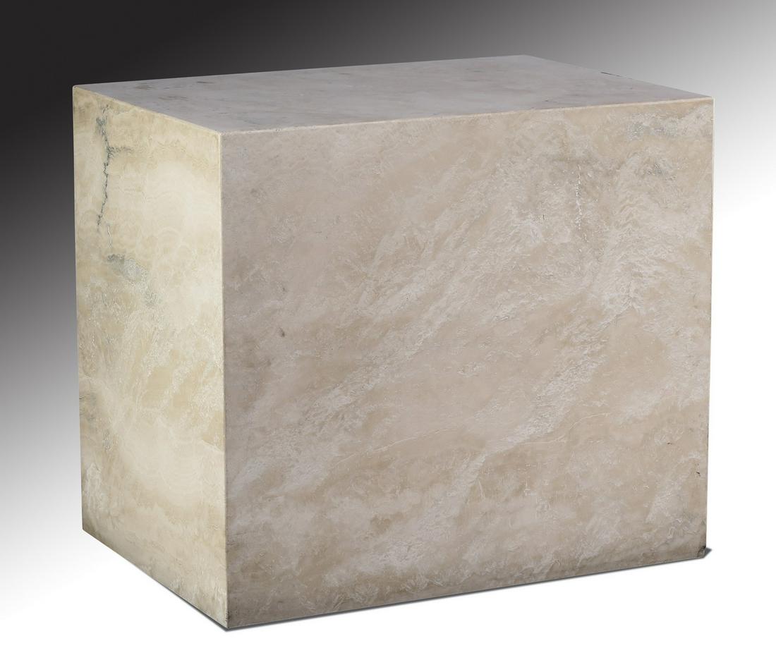 Contemporary hollow tavertine marble pedestal, 36"w: Contemporary hollow travertine marble pedestal in hues of tan, white and taupe, 32"h x 36"w x 26"d.
