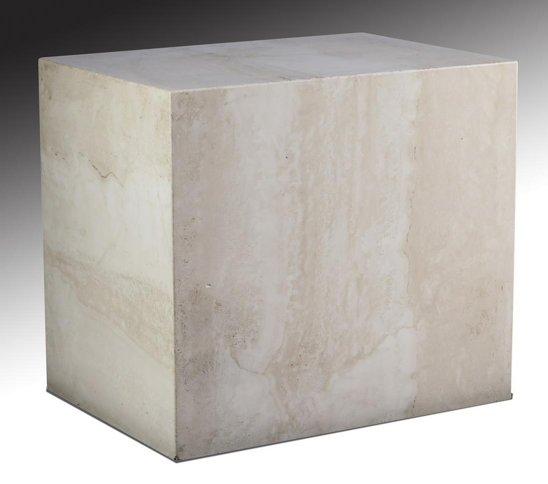 Contemporary hollow tavertine marble pedestal, 36"w: Contemporary hollow travertine marble pedestal in hues of tan, white and taupe, 32"h x 36"w x 26"d.