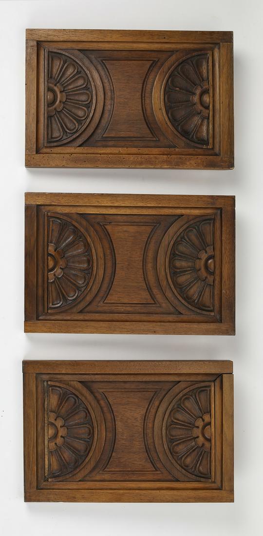 (3) 19th c. carved walnut architectural panels: Group of (3) 19th century Continental carved walnut architectural panels, each relief carved with half rosette medallions, 9"h x 13.5"w x 1.25"d.