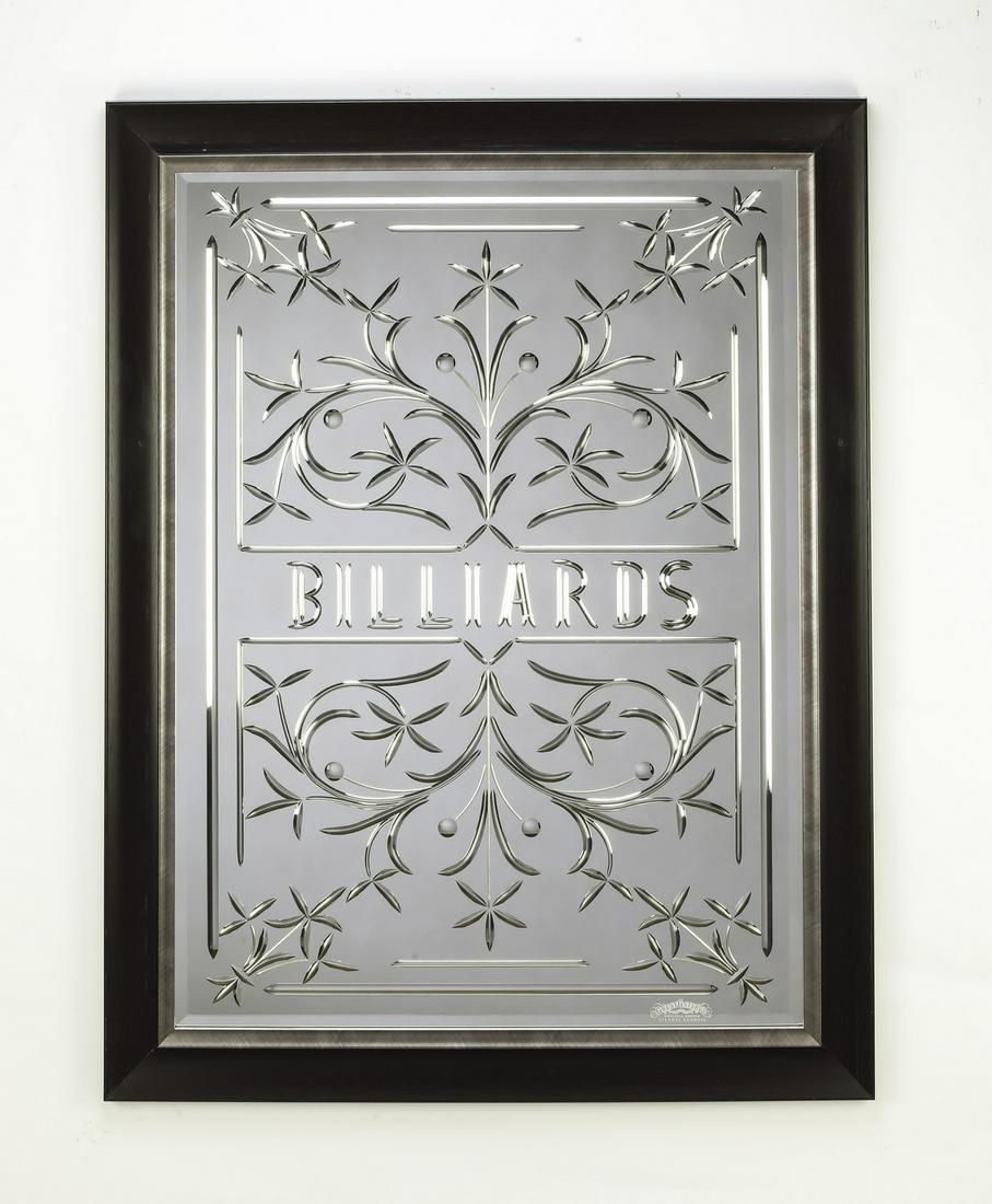 Italian wheel cut & beveled 'Billiards' mirror, 47"h: Italian wheel cut and beveled pub mirror, with flowering vines centering the word "Billiards," handcrafted in Murano, Italy, 38.5"h x 29.5"w; overall dimensions with frame 46.5"h x 36.5"w x 1.25"d.