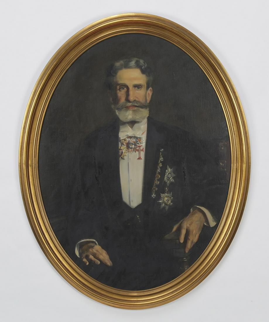 Early 20th c. portrait of explorer, Frank Vincent: Early 20th century American oil on board depicting a distinguished portrait of Frank Vincent (American, 1848-1916), the celebrated explorer seated in formal dress and wearing numerous decorations from