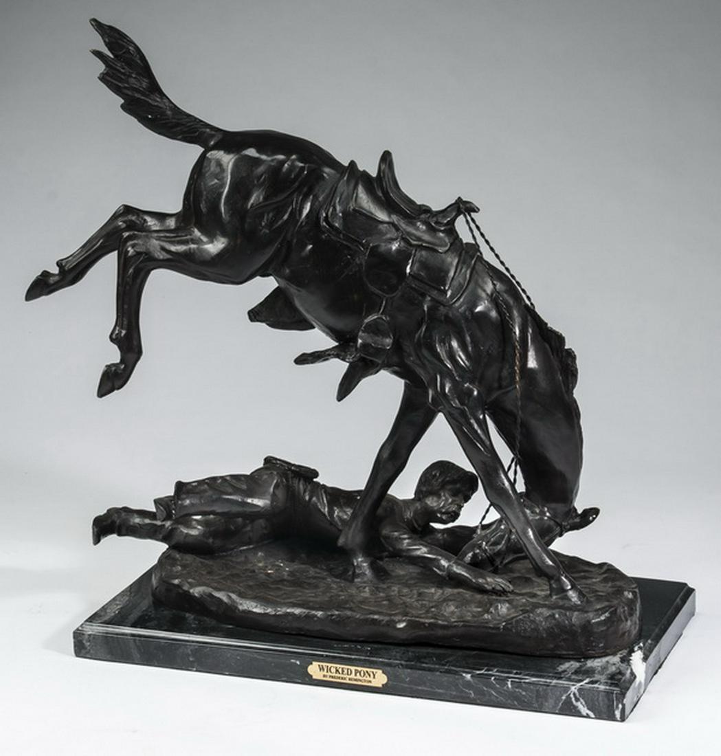 Figural bronze titled 'Wicked Pony', after Remington: After Frederic Remington (American, 1861-1909), bronze figural sculpture titled "Wicked Pony", depicting a cowboy on the ground struggling to maintain a hold on the ear of his bucking horse, artist si