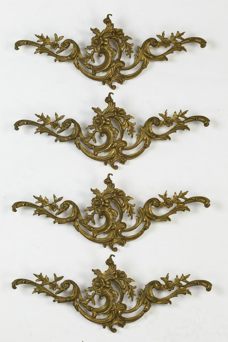 (4) Cast bronze acanthus architectural appliques 19"w: Group of (4) cast bronze appliques, each having a rocaille cartouche flanked by acanthus scrollwork, 7"h x 18.5"w x 1.5"d.