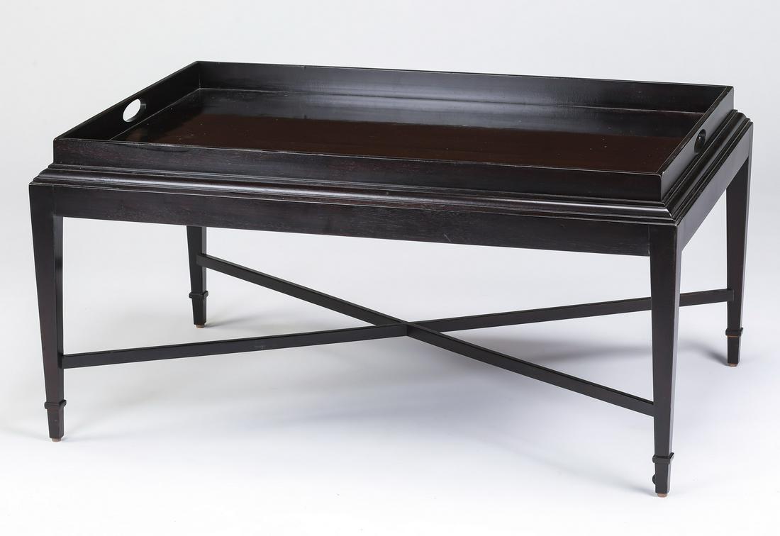Barbara Barry for Baker Furniture coffee table: Barbara Barry for Baker Furniture java colored mahogany tray-top style coffee table, having a rectangular top with gallery, rising on tapering square legs joined by crossed stretchers terminating to c
