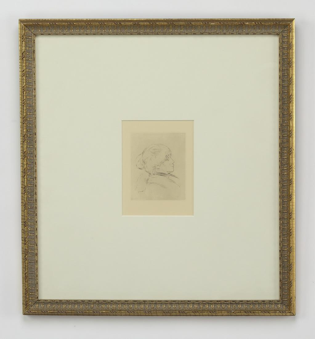After Renoir, etching depicting Berthe Morisot: Etching after Pierre-Auguste Renoir (French, 1841-1919), depicting the artist Berthe Morisot in profile and wearing her hair in a bun, signed in the plate at lower left, 6"h x 4.5"w; overall with fram