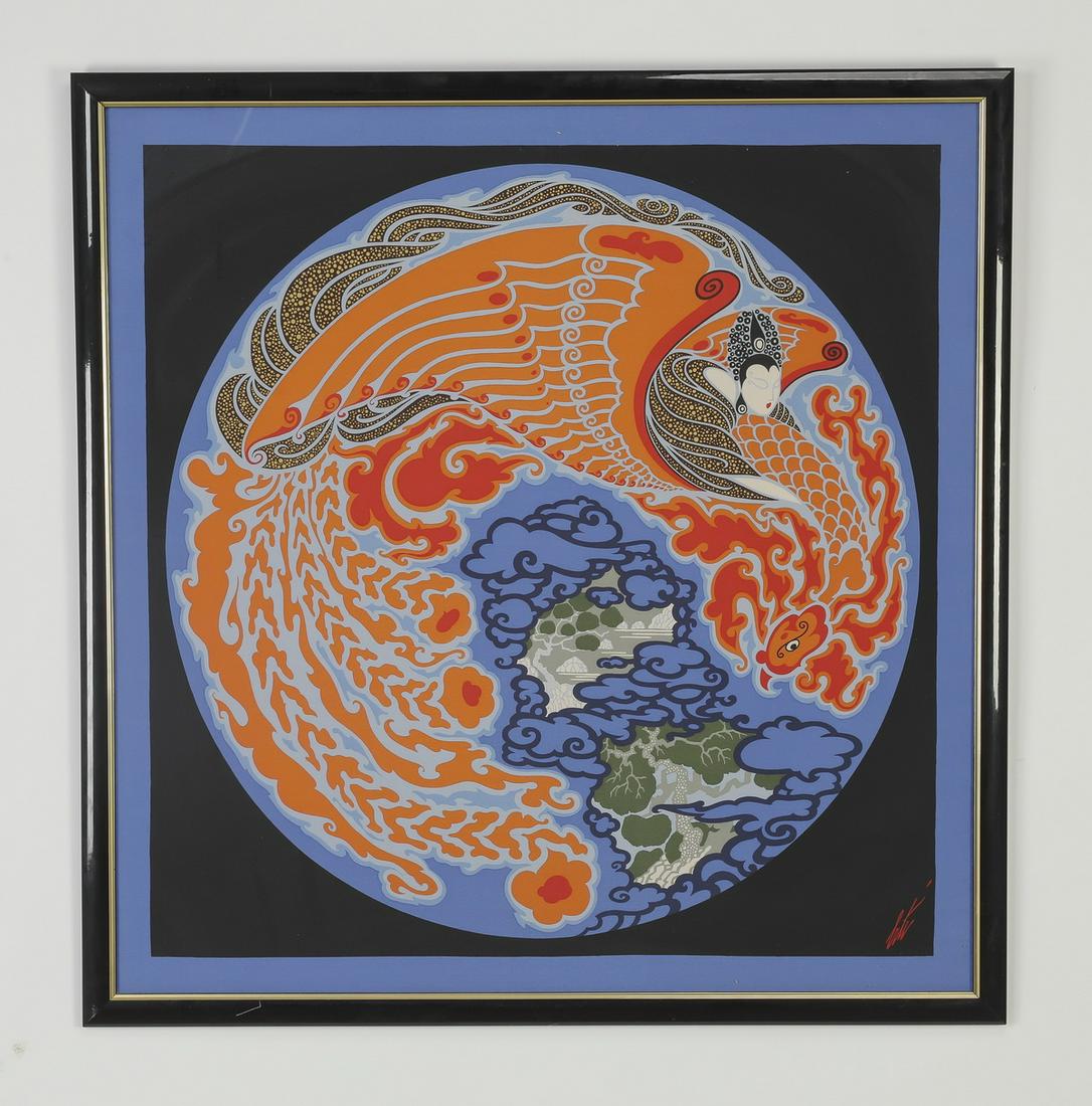 Framed 'Dream Voyage' silk scarf by Erte: Romain de Tirtoff "Erte" (Russian/French 1892-1990), "Dream Voyage" framed silk scarf, depicting an Art Deco inspired image of a woman surrounded by fire, auspicious clouds, and feathers in the form o