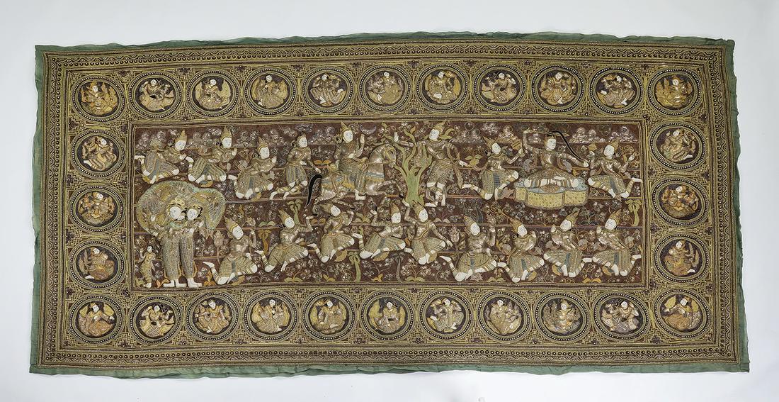 Monumental Burmese kalaga of the Ramayana, 132"l: Monumental Burmese Kalaga of the Ramayana, mid 20th century, executed in embroidery, couching, and trapunto on cotton embellished with plain and metallic threads, metal sequins, beads, and glass stone