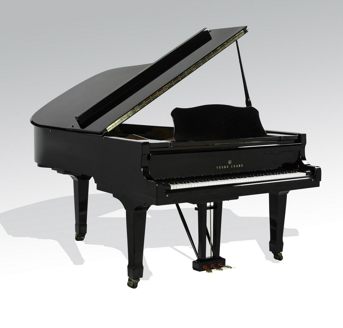 Young Chang black lacquered grand piano w/bench: Young Chang grand piano, executed in a black lacquer finish, the hinged lid above a serpentine-shaped body, raised on square tapering legs ending in casters, model G200, serial number 056423, 41"h x 5