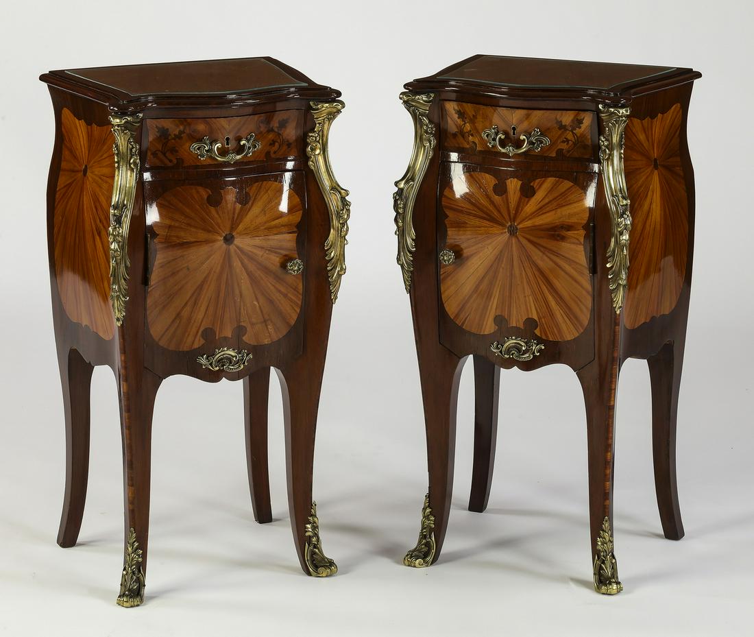 (2) Louis XV style satinwood marquetry nightstands: Pair of Louis XV style satinwood marquetry nightstands, each having a scalloped surface with a radiating inlaid design under custom cut glass toppers, above a conforming cabinet featuring one drawer w