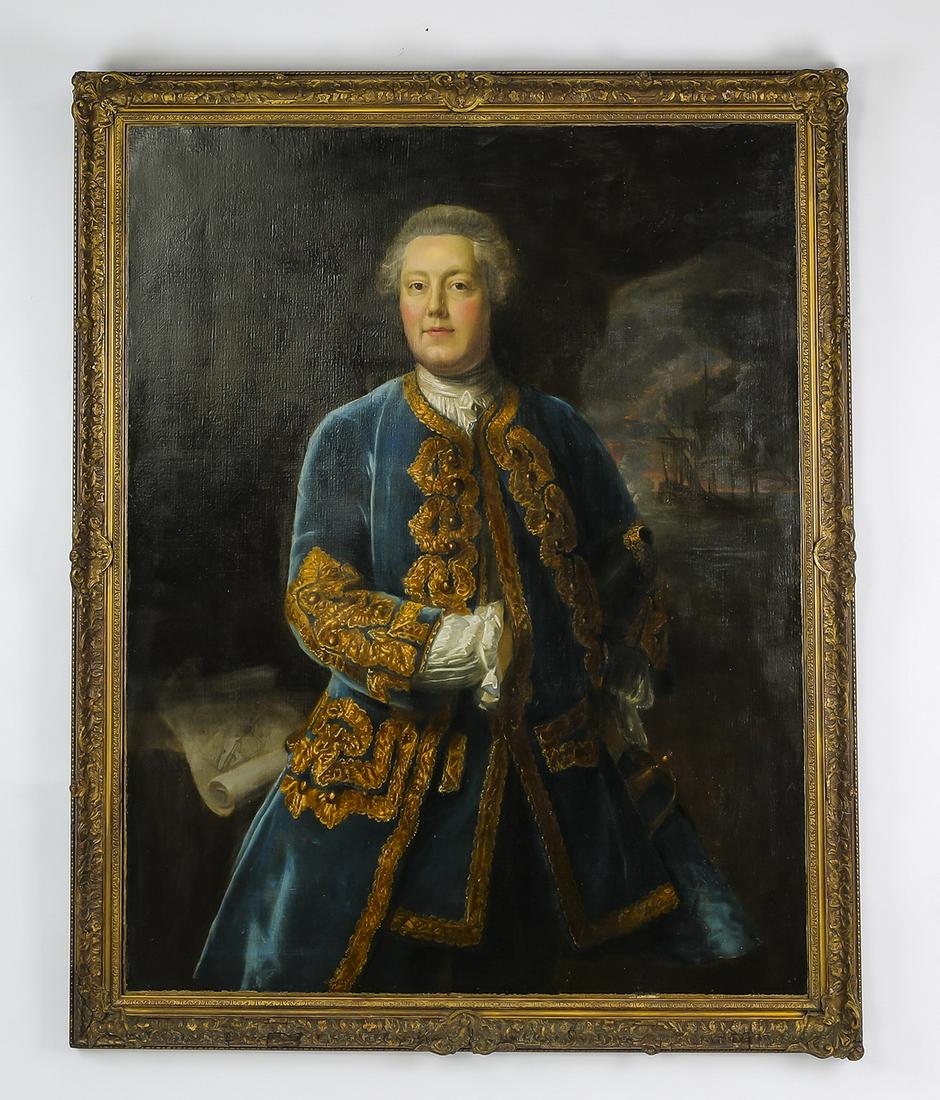 19th c. portrait of a nobleman in court dress, 59"h: 19th century Continental School oil on canvas three-quarter length standing portrait of a nobleman in mid 18th century court dress, wearing a powdered toupet wig, a linen cravat tied around his neck, 