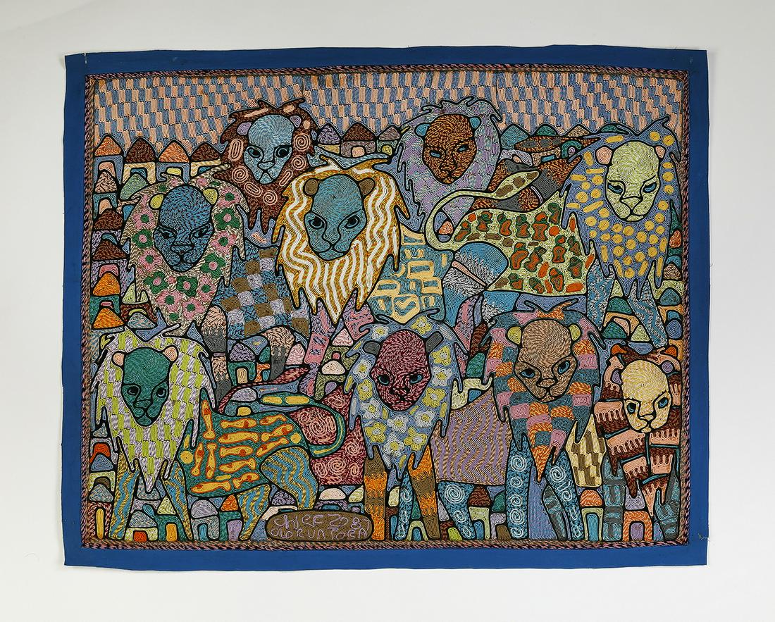 Chief Oloruntoba (Nigerian) signed silk thread work: Chief Zacheus Olowonubi Oloruntoba (Nigerian, 1934-2014) textile artwork, 1987, executed in dyed silk thread on painted canvas, depicting lions with full mains seated and standing in front of an Afric