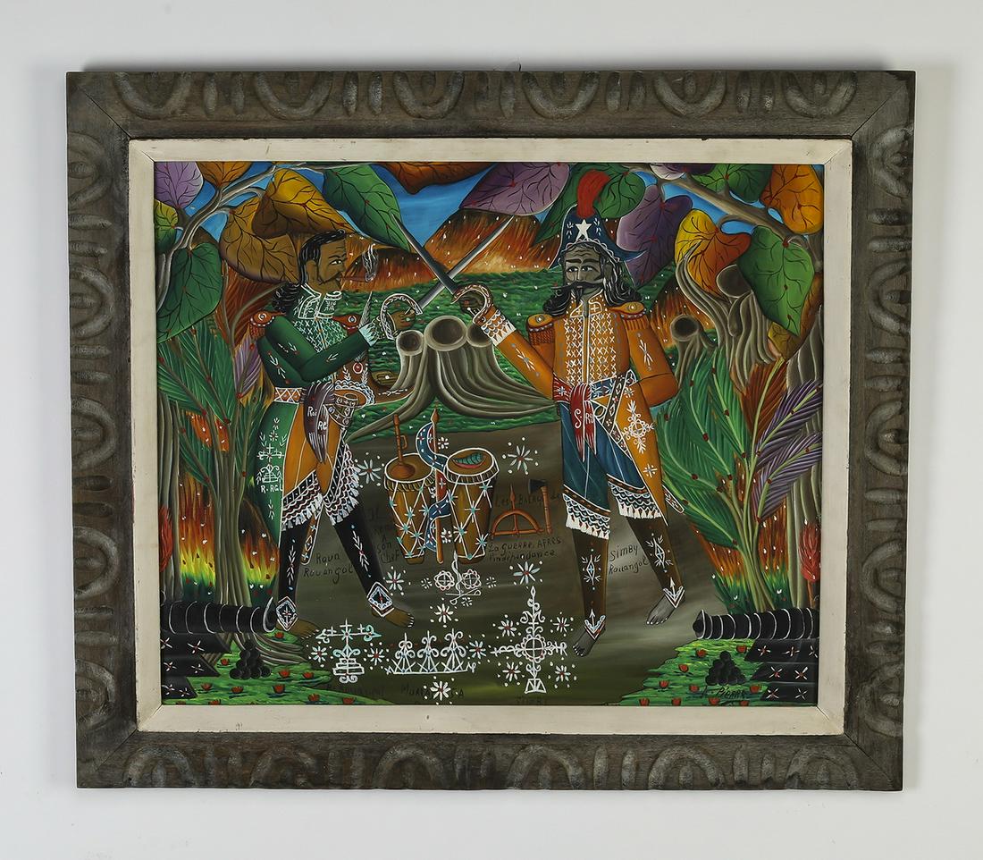 Andrew Pierre (Haitian) signed conquistador scene: Andre Pierre (Haitian, 1914-2005) acrylic on artist board conquistador scene, 1976, depicting two sword fighting conquistadores in a lush and colorful landscape, signed lower right and dated verso, pr