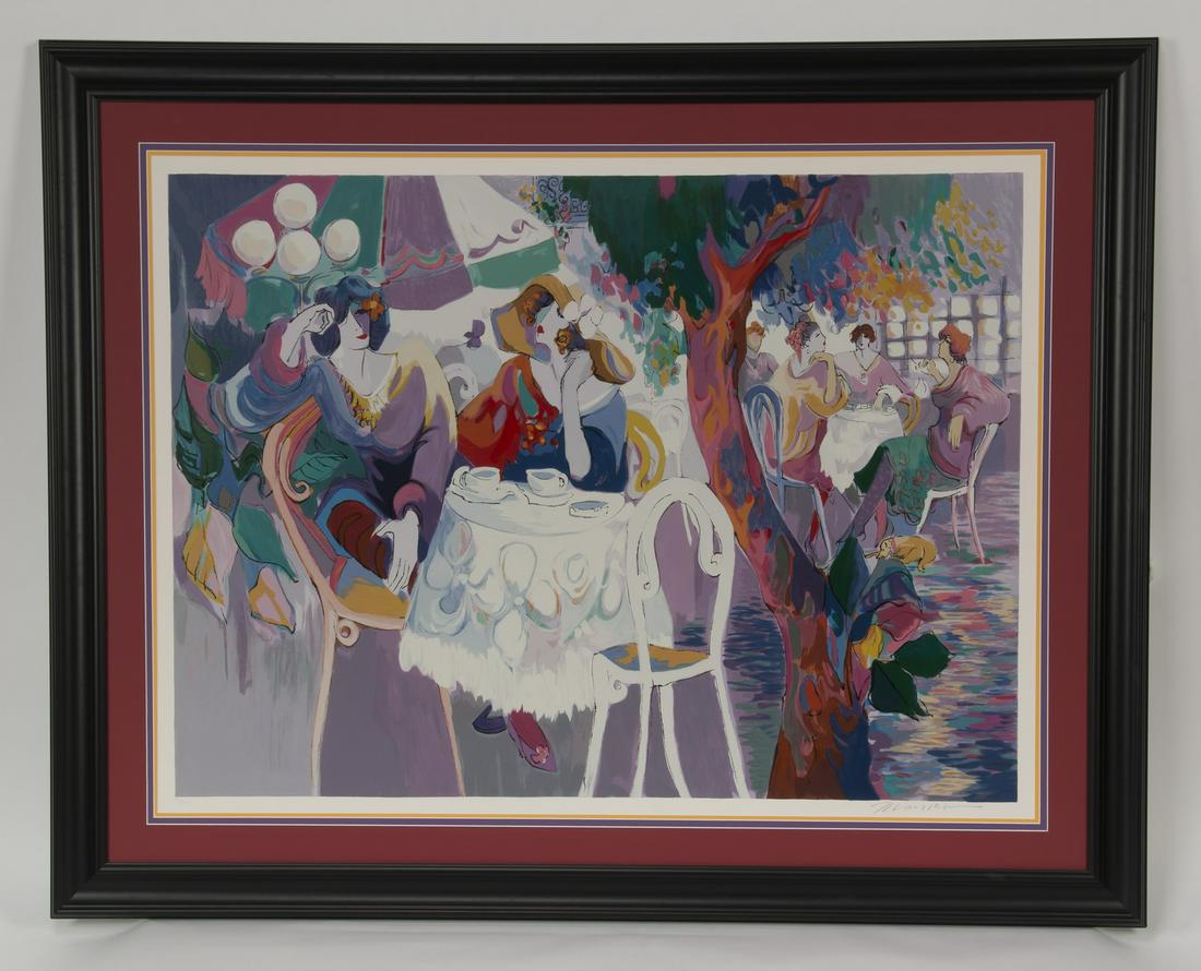 Isaac Maimon serigraph, 'West Bank CafÃ©,' signed, 57": Isaac Maimon (Israeli, b. 1951), signed serigraph in colors titled 'West Bank CafÃ©,' depicting women in fancy dress seated at an outdoor cafÃ©, artist signed in pencil 'Maimon' at lower right and