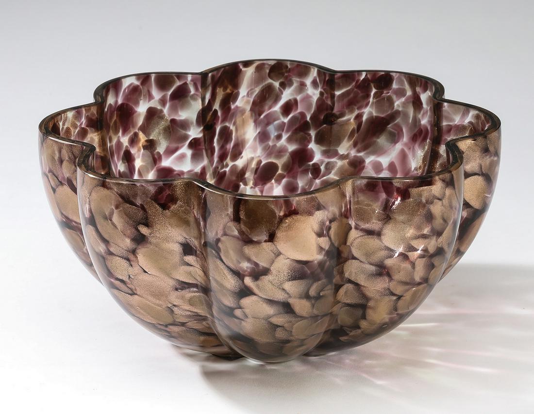 Ribbed mold blown aventurine/amethyst art glass bowl: Ribbed mold blown art glass bowl with flat polished rim, colored with amethyst and aventurine frit, 11"h x 10"d.