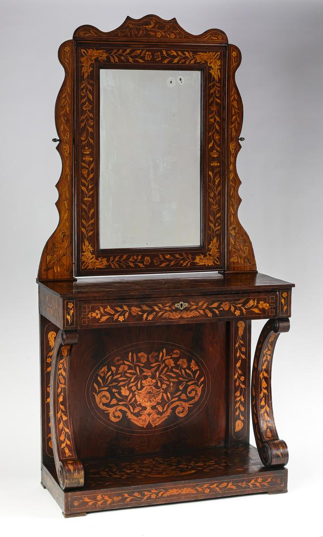 19th c. Continental marquetry inlaid dressing table: Continental marquetry inlaid walnut dressing table, early 19th century, in the Dutch taste, having a scalloped frame centering a rectangular mirror glass with fruitwood marquetry depicting flowering v