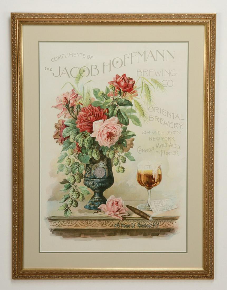 Original 1900 advertisement for Jacob Hoffman Brewing: Original advertising lithograph in colors for the Jacob Hoffman Brewing Company, circa 1900, by J. Ottmann Lithograph Company, Puck Building, New York, depicting a bouquet of roses in a blue Extra Wie