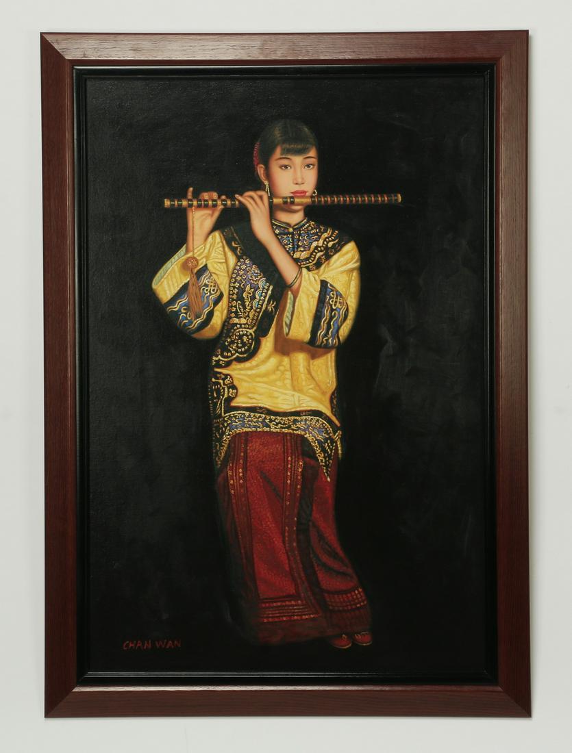 Chinese O/b of woman playing the dizi, signed, 49"h: Contemporary Chinese oil on board depicting a young woman in embroidered court dress playing the dizi, or bamboo flute, artist signed 'Chan Wan' (Hong Kong) at lower right, 35.5"h x 24"w, overall dime