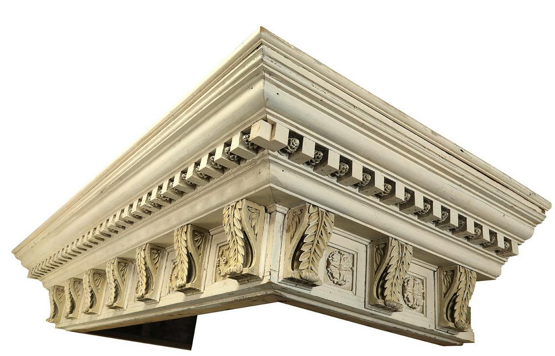 19th c. Neoclassical style architectural element 86"w: 19th century carved and paint-decorated Neoclassical style architectural element, having a rectangular surface rising on a three-sided molded cornice, over conforming carved dentils interspersed with 