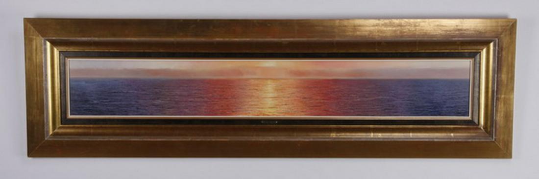 Navarro Montflor signed O/b ocean sunset, 71"w: 20th century framed oil on board depicting a panoramic view of a colorful ocean sunset, signed Navarro Montllor (Spanish, b. 1965), 9"h x 59.5"w, overall size including frame 20.5"h x 71"w x 2.5"d.