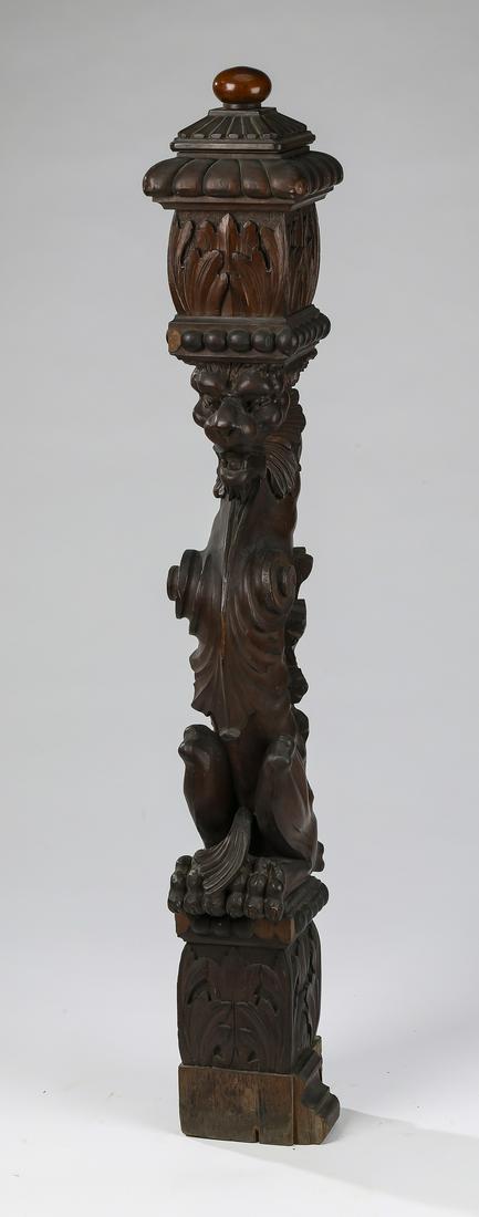 19th c. Gothic style newel post with carved gargoyle: 19th century highly carved Gothic Revival newel post, having a knop finial rising on a square standard relief carved with acanthus, tapering to a gargoyle, the whole terminating in a square plinth bas