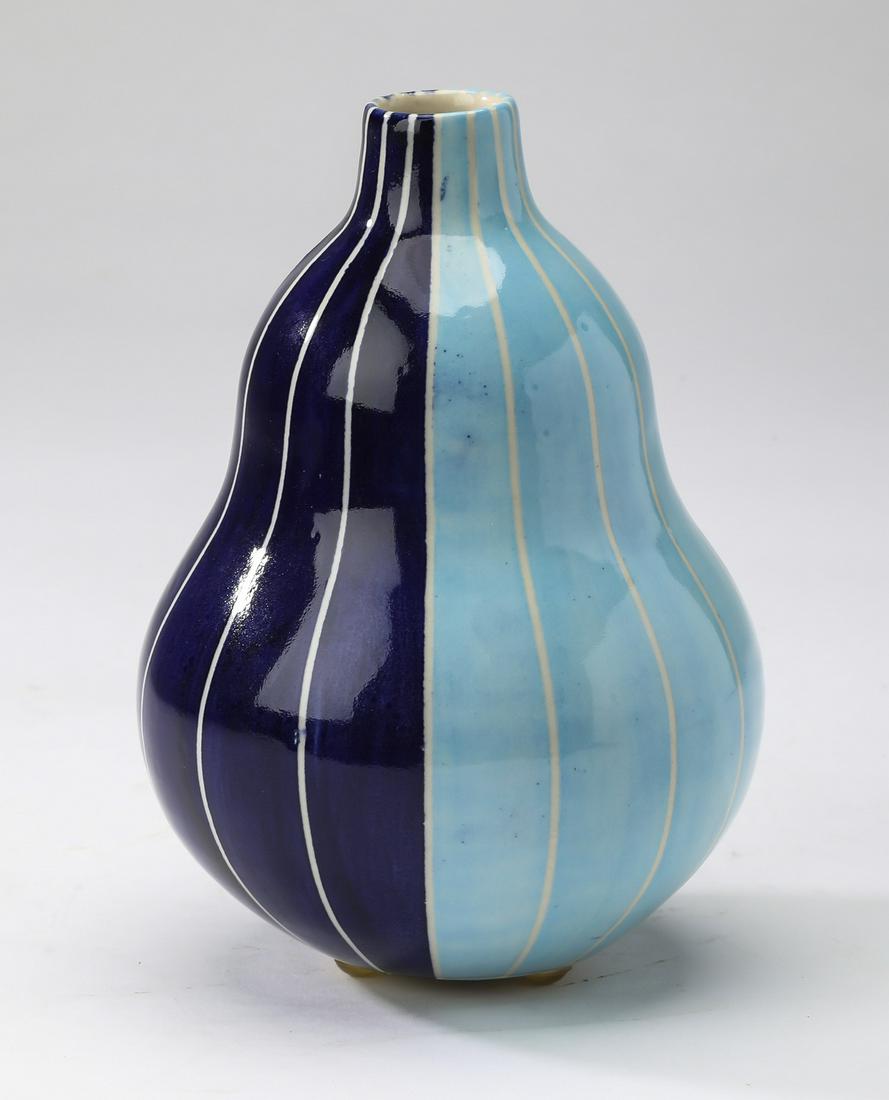 Jonathan Adler signed ceramic double gourd vase: Jonathan Adler ceramic striped vase, of double gourd form, having white stripes paint-decorated on a navy and turquoise ground, stamped and signed to underside, 6.5"h x 4.5"dia.